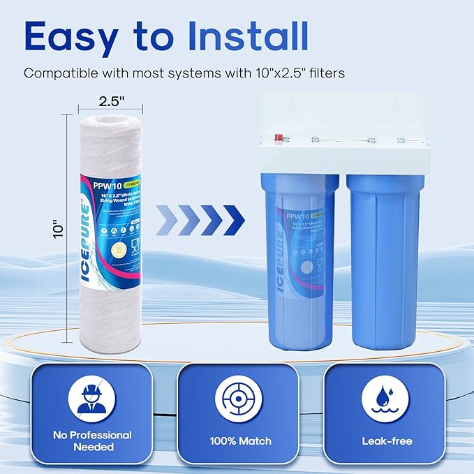 ICEPURE 20 Micron 10" x 2.5" Whole House String Wound Sediment Water Filter for Well filter Replacement for Aqua-Pure AP110, WP-5, Culligan P5, CFS110, CW-MF, WFPFC4002, Any 10 inch RO Unit, 4PACK