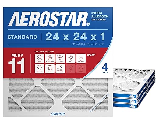 Aerostar 24x24x1 MERV 11 Air Filter, 4 Pack Set of HVAC Furnace Filters, Electrostatic MPR 1000-1200 & FPR 7 (Actual Size: 23 3/4 x 23 3/4 x 3/4 inches)