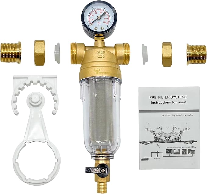 Spin Down Sediment Water Filter System with Pressure Gauge, 100 Micron Stainless Steel filter Mesh Pre-Filter for City/Well Water, 1" MNPT & 3/4" FNPT/MNPT Ports, Easy Backwash Cleaning
