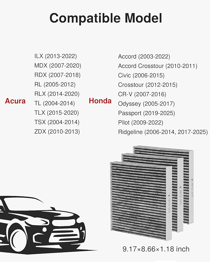 Puroma Cabin Air Filter with Activated Carbon, Replacement for CP134, CF10134, Honda & Acura, Civic, CR-V, Odyssey, CSX, ILX, MDX, RDX, AT134 (3 pc)