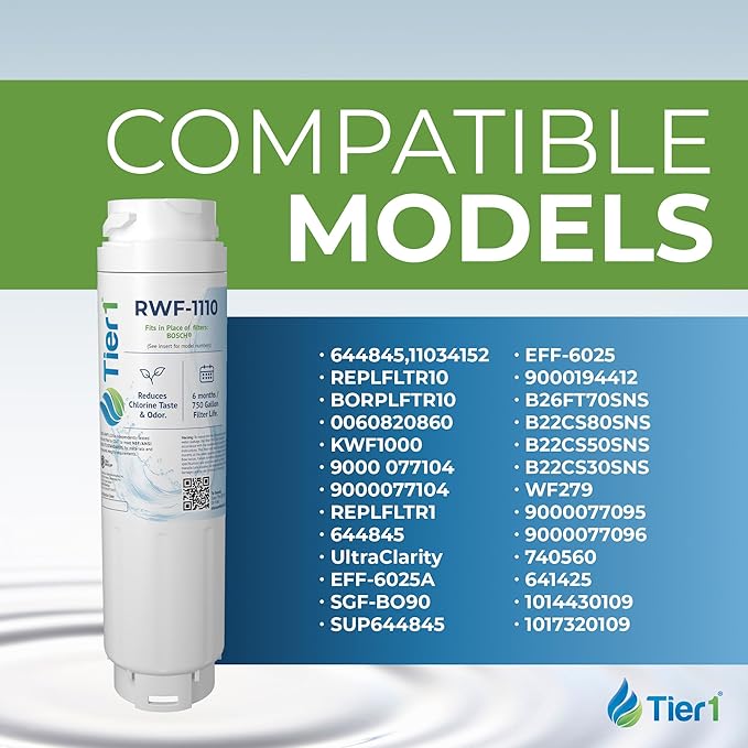 Tier1 RWF1110 9000 077104 Refrigerator Water Filter | Replacement for Bosch 644845, REPLFLTR10, UltraClarity, 11034152 Fridge Filter - Up to 12 Months Supply | Easy Install | Odor Control (2-pk)
