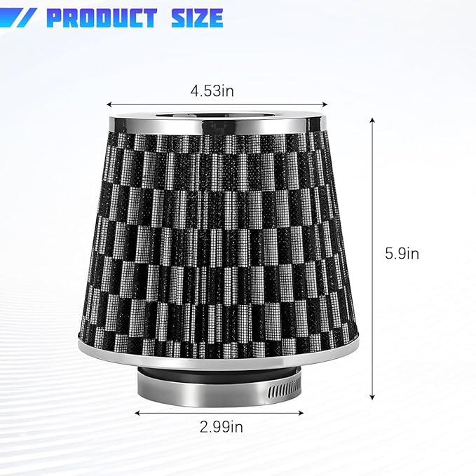 Clamp-On Car Air Intake Filter, 3 In/3.5 In/4 In Three Size High-Flow Washable Vehicle Air Cone Filter Cleaner, Round Tapered Auto Cool Cleaner Replacement, Universal Fit (Carbon Fiber Black)