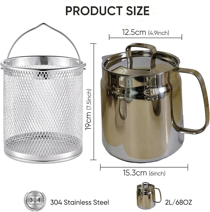 2L/68oz 304 Stainless Steel Oil Filter Pot - Large Capacity Multifunctional Grease Container with Strainer & Frying Basket - Ideal for Kitchen & Camping(Bright)