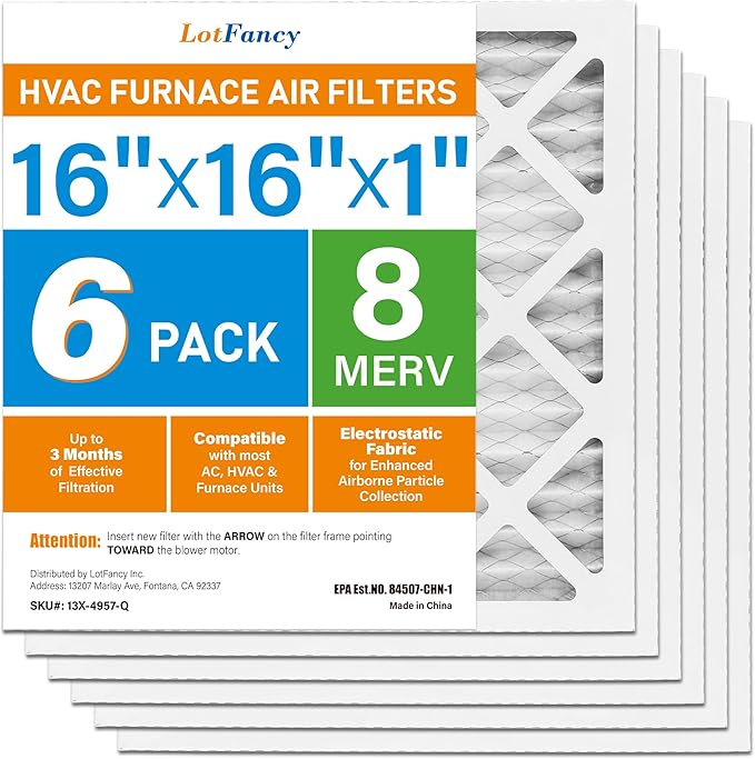 LotFancy 16x16x1 Air Filter MERV 8 6-Pack, Electrostatic Pleated Furnace & AC Filter, Captures Dust, Pet Hair, Pollen, Actual Size: 15.75"x15.75"x0.75"
