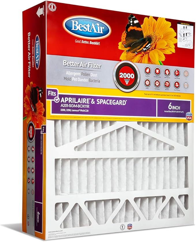 BestAir A201-SGM-BOX-11R A201-SGM-BOX11R Air Cleaning Furnace Filter with Cardboard Frame, MERV 11, for Aprilaire/SpaceGard 2200, 2250 (201) & Lennox PMAC-20C 24", 20" x 25" x 6", Single Pack