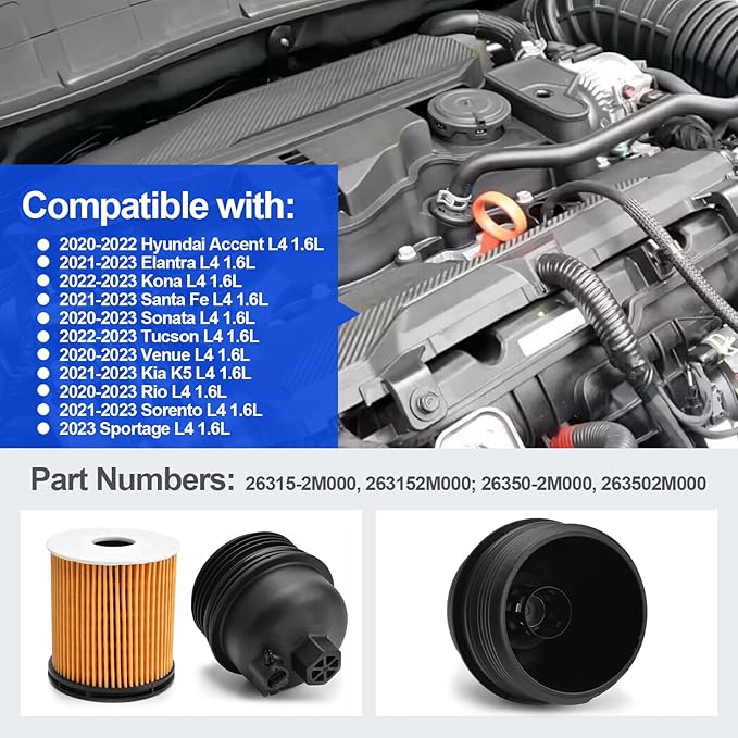 Engine Oil Filter Housing Cover Cap Assembly Kit Compatible with 2020-23 Sonata Venue Rio 2021-23 Elantra Santa Fe K5 Sorento 2022-23 Kona Tucson 2023 Sportag 2020-22 Accent Part Number 26315-2M000