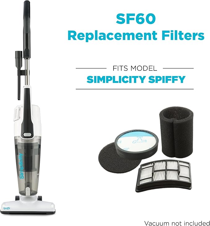 Simplicity Vacuums SF60 Certified Hepa Filter Set for Spiffy Bagless Stick Vacuum Cleaner, S60 Replacement Filter Only