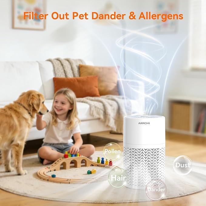 AIRROMI Pets Air Purifier for Home Allergies,Up to 660 ft². HEPA Deodorizing Activated Carbon Filter,With Fragrance Sponge for Better Sleep,Night Light,Pet Dander,Smoke,Odors,Air Cleaner A2002 White