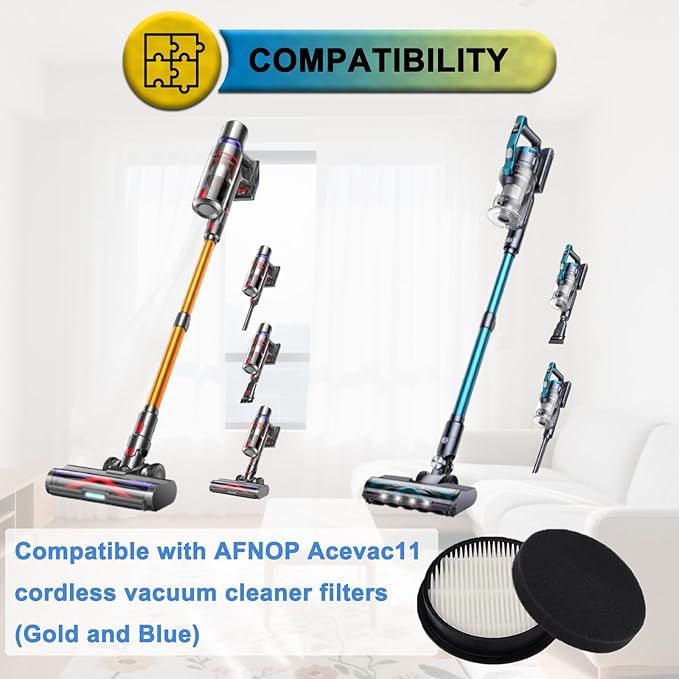 4 Pack HEPA Vacuum Replacement Filters Compatible with AFNOP Acevac11 Cordless Vacuum Cleaner, with 4 Pack Sponge Sets