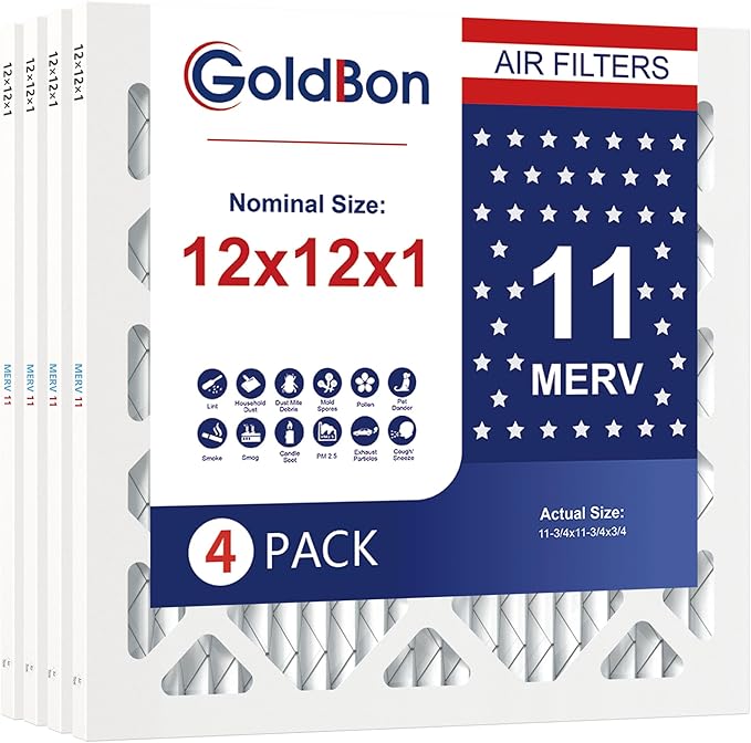 12x12x1 Air Filter 4 Pack MERV 11 MPR 1000 FPR 7- GoldBon AC Filter USA Design- Electrostatic Pleated Air Conditioner HVAC AC Furnace Filters for Pollen, Smoke,Pet Dander