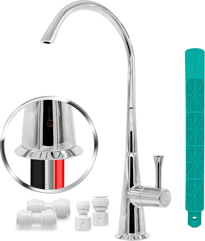 Metpure Airgap 3-Port Brass RO Faucet for Reverse Osmosis Drinking Water Systems. Features Pre-Installed Drain Tubes, Contemporary Design. Includes Wrench and Adapters. (Chrome)