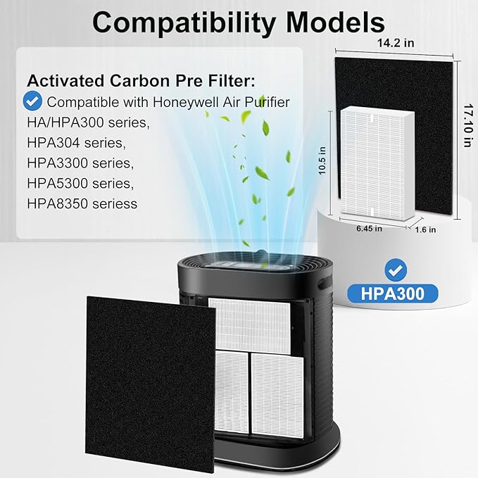 HPA300 Filter Replacement for Honeywell HPA300 Series, Precut Activated Carbon Prefilter for HPA300, HPA304, HPA3300, HPA5300, HPA8350 Series, 3 FR Filte + 6 Activated Carbon Pre Filter