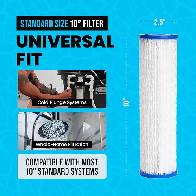 Cold Plunge Water Filter Cartridges, 50 Micron Sediment Filters for Ice Bath & Cold Plunge Tubs, Universal 10” x 2.5” Water Filter Replacements, Under Sink & Whole House Systems, 4-Pack