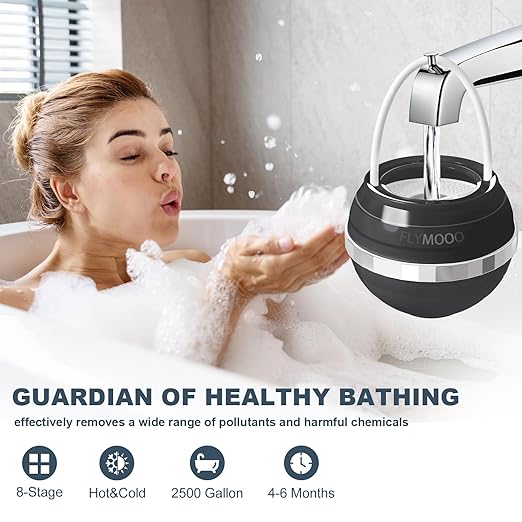 Bath Filter for Tub, Bathtub Faucet Water Filter with 8 Stages & 2,500 Gallons of Filtration to Reduce Contaminants for Softer, Smoother Skin (Black)