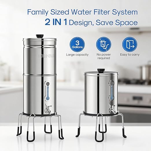 ICEPURE 3-Stage Gravity Water Filter System with Water Level Window, 304 Stainless Steel Countertop Gravity-fed Water Filtration System with 3 Filters and 1 Stand, Reduce 99% Chlorine 3G High Capacity