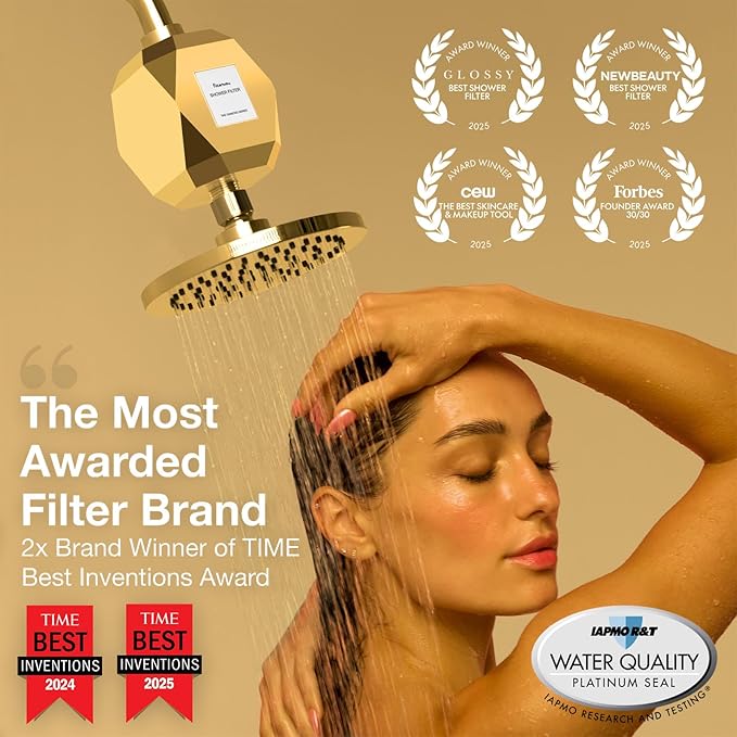 Filterbaby Diamond Shower Filter, IAPMO Certified to NSF177 Standard,Expert Developed Filter for Skin&Hair, Lab Tested to Reduce up to 99%Chlorine,Chloramine&Impurities,Eco Friendly Long Lasting, Gold