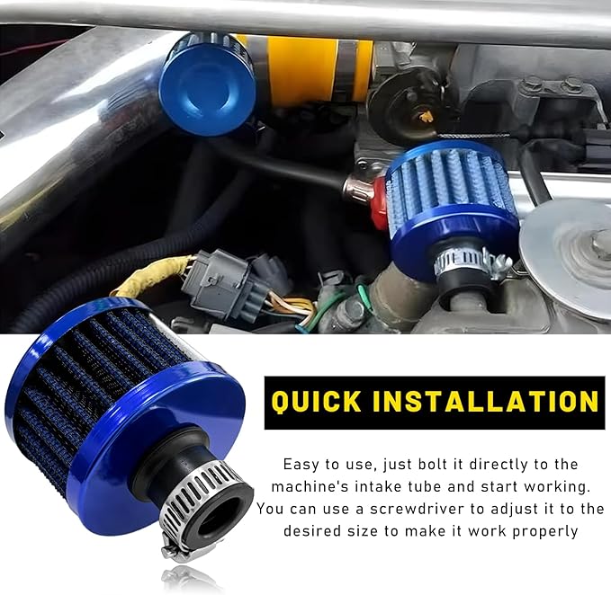 12mm Mini Air Filter, Universal Motor Cold Air Intake Filter Breather, Auto Turbo Vent Intake Filter Cleaner, Crankcase Breather Car Accessories for Motorcycle Engine Parts (Blue)