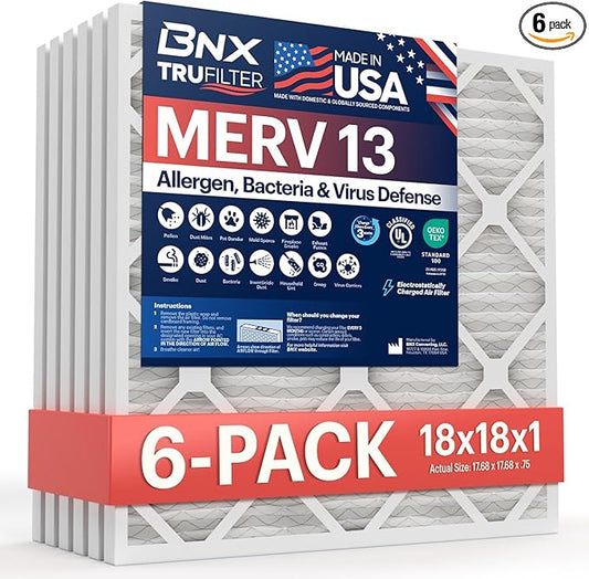 BNX TruFilter 18x18x1 Air Filter MERV 13 (6-Pack) - MADE IN USA - Electrostatic Pleated Air Conditioner HVAC AC Furnace Filters for Allergies, Pollen, Mold, Bacteria, Smoke, Allergen, MPR 1900 FPR 10