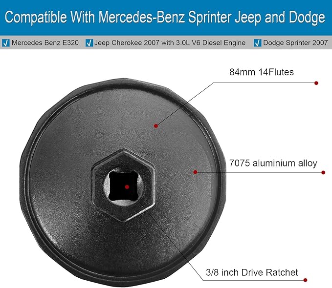 Oil Filter Wrench Compatible With Mercedes-Benz Sprinter Jeep and Dodge. 84mm 14Flutes Oil Filter Cap Socket Removal Tool for Changing Oil
