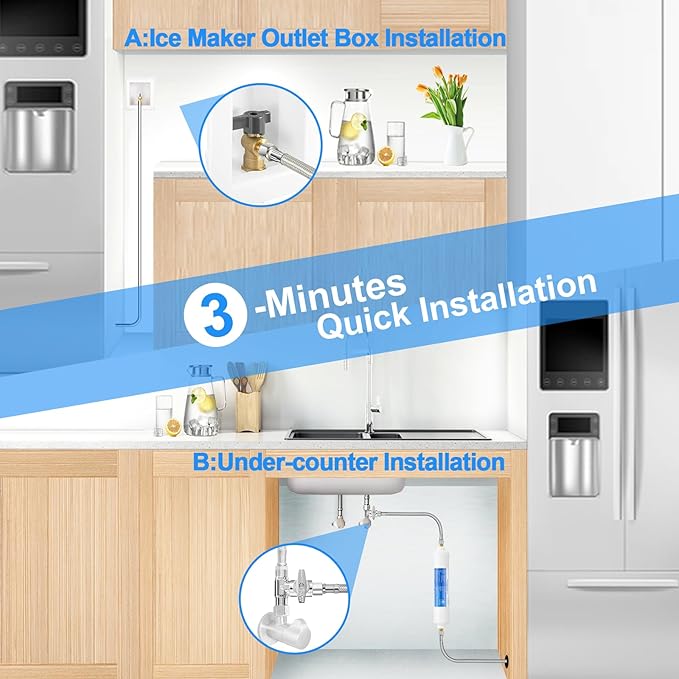 6 FT Premium Stainless Steel Braided Ice Maker Water Hose + Inline Water Filter Kit for Ice Maker and Refrigerator