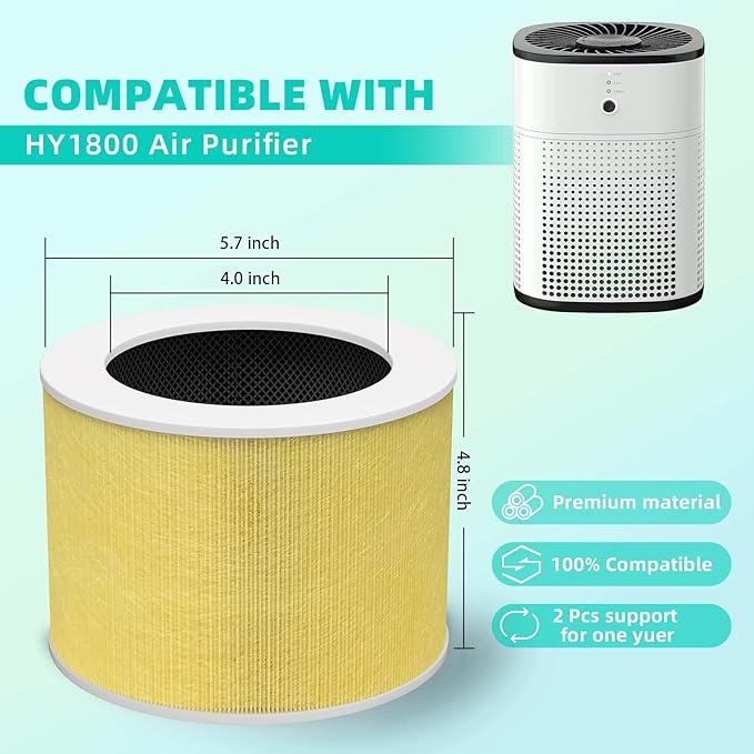 2 Pack HY1800 Upgraded Replacement Filter Compatible with MORENTO/Loytio/AYAFATO/IOIOW/Honeyuan/CHIVALZ Air Purifier, 3-in-1 H13 True HEPA and Activated Carbon HY1800 Filter Toxin Absorber