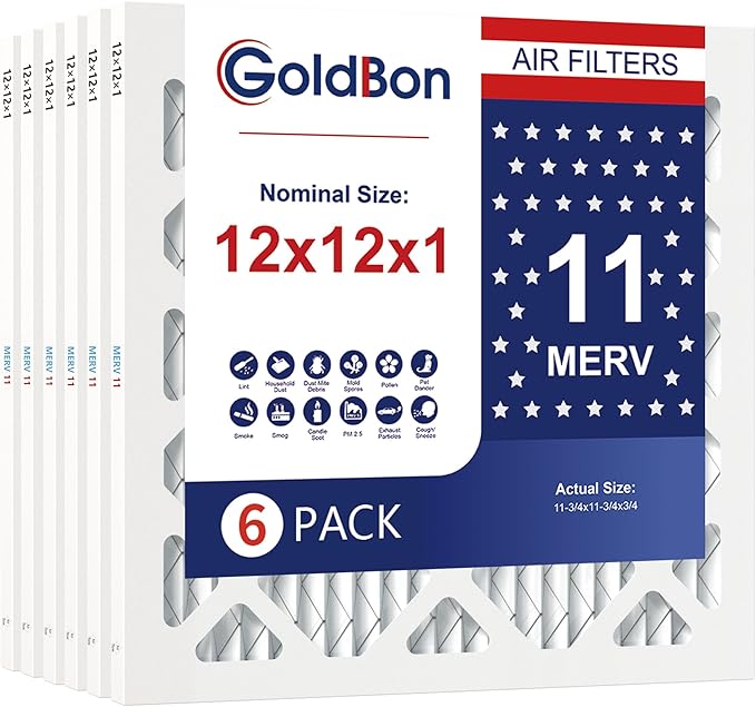12x12x1 Air Filter 6 Pack MERV 11 MPR 1000 FPR 7- GoldBon AC Filter USA Design- Electrostatic Pleated Air Conditioner HVAC AC Furnace Filters for Pollen, Smoke,Pet Dander