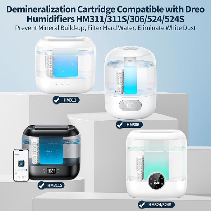 4-Pack Humidifier Demineralization Cartridge Compatible with Dreo Humidifiers HM306,HM311/311S,HM524/524S,HM409S,Prevents Hard Water Build-Up | Filters Mineral Deposits | Eliminate White Dust