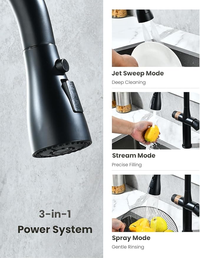 APPASO Black Kitchen Faucet with Water Filter, cUPC Certified Hoses, 3 Way Sink Faucets with Pull Down Sprayer 3 Modes, Single-Handle High Arch 3 in 1 Faucet, Without Water Filtration Device