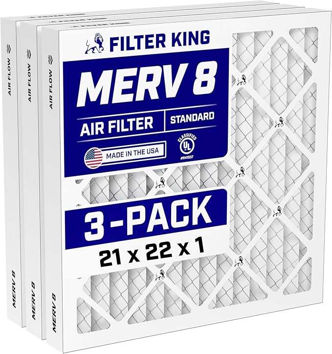 Filter King 21x22x1 Air Filter (MERV 8) (3-Pack) Dust & Allergy Control AC Furnace Filters, MADE IN USA, HVAC, Pleated, Electrostatic (Actual Size: 20.5 x 21.5 x .75)