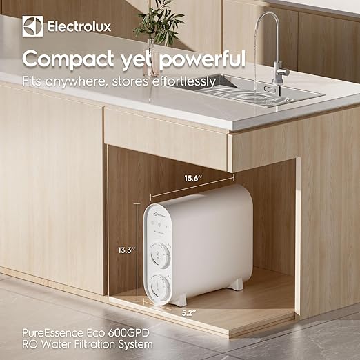 Electrolux Eco Reverse Osmosis Water Filter, 600GPD, 9-Stage Reverse Osmosis System, 3:1 Pure to Drain Tankless RO System Under Sink, Reduces TDS & Fluoride, BPA Free, Mini Size