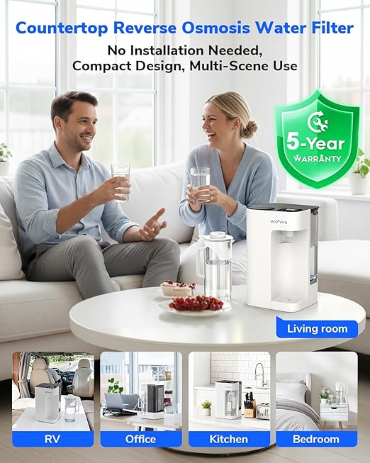 Mate 3 Reverse Osmosis Water Filter Countertop, 3:1 Pure to Drain, 44oz Smart Autofill Pitcher, No Installation Water Purifier, 8 Stage RO Water Filtration, with Remineralization, White