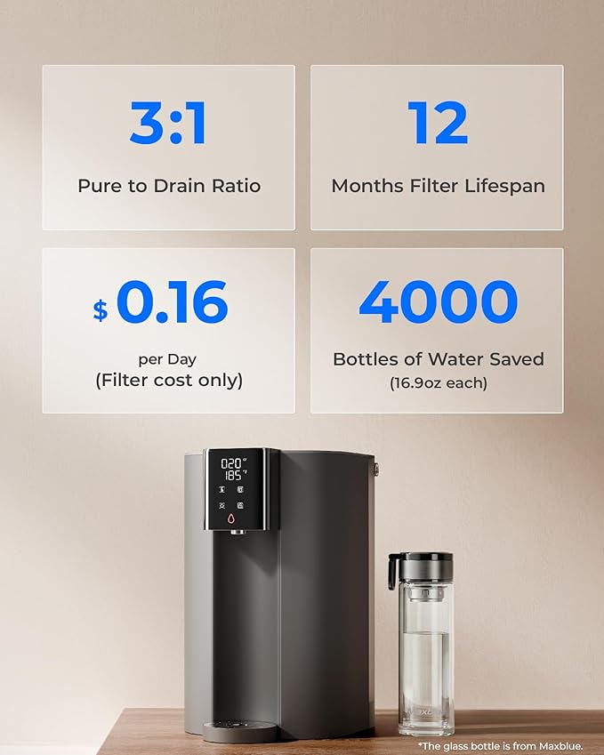 Waterdrop C1H Countertop Reverse Osmosis System, NSF/ANSI 58 & 372 Certified, 6 Stage Instant Hot RO Water Filter, No Installation Required, 3:1 Pure to Drain, Glass Bottle Included