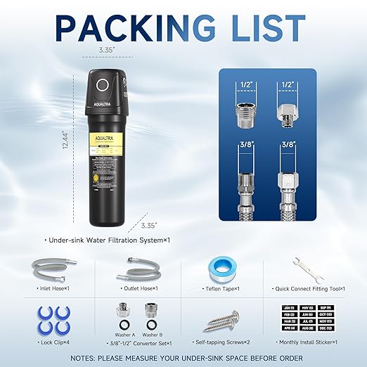 AQUALTRA USF01-BK Under Sink Water Filter System, 12K Gallons, NSF/ANSI 372 Certified, 0.5 μm Carbon Fiber Filter Reduces PFAS (PFOA/PFOS), Chlorine, Lead, Chloramine, Fluoride, Bad Taste & Odor