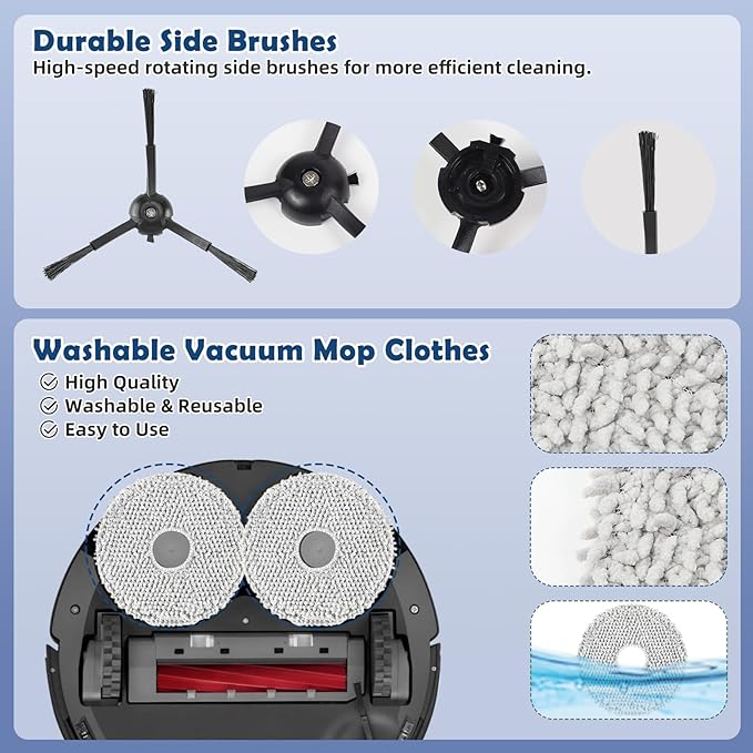 Accessories Replacement Kit for Roborock Q Revo S, Qevo Pro, Qrevo Plus Robot Vacuum, 1 Main Brush, 4 Mop Cloth, 2 Washable Filter, 4 Black Side Brushes, 6 Dust Bag, 1 Cleaning Tool - 18 Pcs