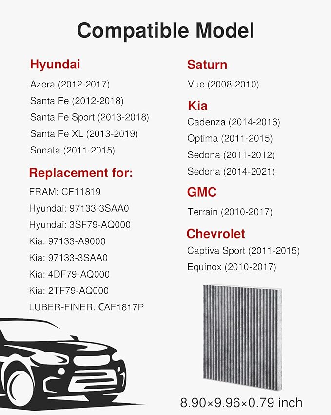 Puroma Cabin Air Filter with Activated Carbon, Replacement for CF11819, Hyundai Azera, Santa Fe, Sonata, Chevrolet Captiva Sport, Equinox, GMC Terrain, Kia Cadenza, Optima, Sedona, Saturn Vue