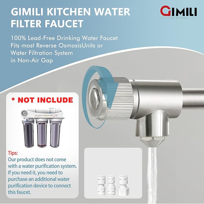 GIMILI Filter Kitchen Faucet for Water Filtration System Drinking Water Faucet 3 in1 Commercial Style Pull-Down Single Handle, Brushed Nickel,Without Water Filtration Device