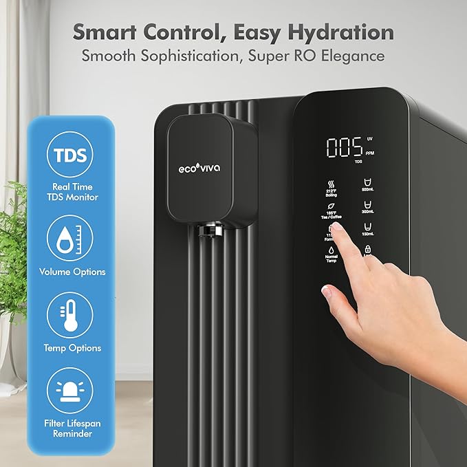 Ecoviva MATE4 UV Countertop Reverse Osmosis Water Filter System, 4 Temperature Options, 7 Stages Instant Hot RO Water Filtration System, 3:1 Pure to Drain, TDS & Filter Life Monitor, (Black & Grey)