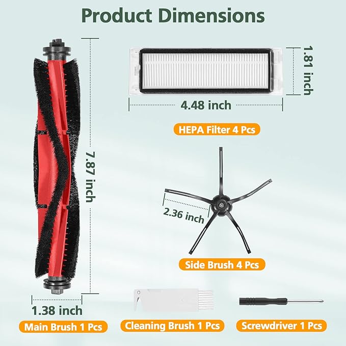isinlive Q5 Replacement Accessories Kit Compatible with Roborock Q5 Q5+ Q5 Plus Vacuum Cleaner, 1 Main Brush, 4 Hepa Filters, 4 Side Brushes, 1 Cleaning Brush, 1 Screwdriver