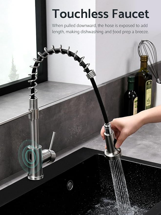 WEWE Touchless Kitchen Faucet with Pull Down Sprayer - Motion Sensor Kitchen Faucets Spring Single Handle Stainless Steel Kitchen Sink Faucet (Brushed Nickel)