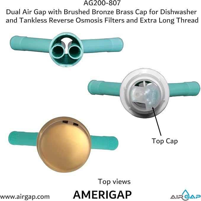 Dual Air Gap with Brushed Bronze Brass Cap for Dishwasher and Tankless Reverse Osmosis Filter and Extra Long Thread (AG200-807, AG200-X07, AMERIGAP)