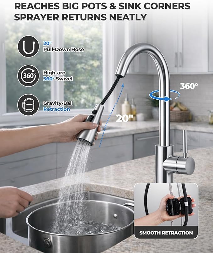 WEWE Kitchen Faucets with Pull Down Sprayer, Stainless Steel Single Handle 1 Hole for Family Kitchen Commercial Camper Laundry Rv Bar, Polished Chrome