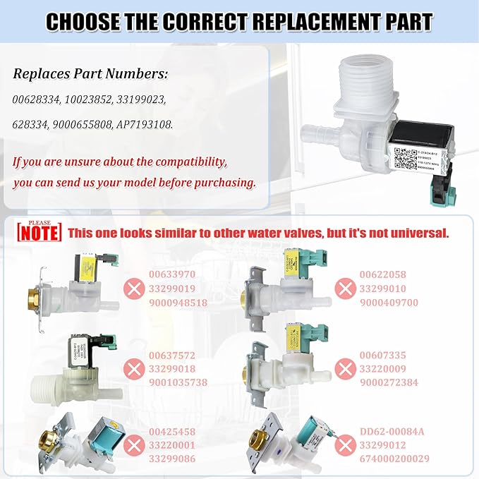 00628334 10023852 Dishwasher Water Inlet Valve - Dishwasher Water Valve Replacement Parts 33199023, 628334, 9000655808