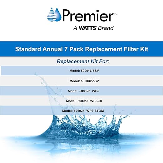Watts Premier Annual 7-Pack Standard Water Filter Replacement Kit for RO-TFM-5SV, WP-ST6DM, WP-5, WP5-50 Reverse Osmosis System, 2 Sediment Filters, 4 Carbon Pre-Filters, GAC Inline Post-Filter