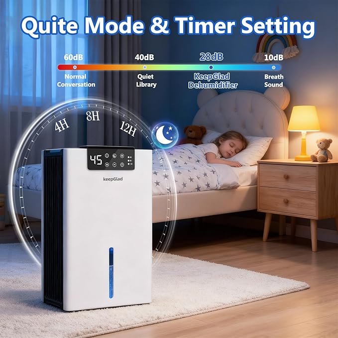 Dehumidifier, 98OZ Dehumidifiers for Home(1000sq.ft), Humidity Display Dehumidifier for Basement Bathroom Bedroom, Auto Shut Off, Washable Filter, Drain Hose, Timer, 7 Ambient Lights, White