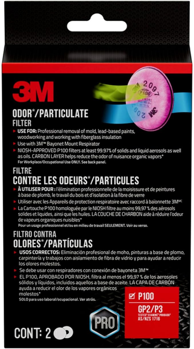 3M Performance P100 Particulate + Odor Filters, 2 Pairs, NIOSH-Approved, 99.97% Filtration Efficiency Against Solids & Liquid Aerosols, Use with 3M 6000, 6500 & 7500 Series (2097P2-DC), 5-Pack