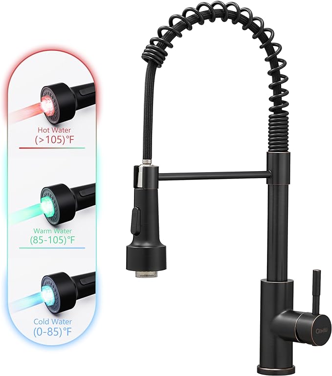 GIMILI Oil Rubbed Bronze Kitchen Faucet with Pull Down Sprayer Single Hole LED Sink Faucet, Suitable for Farmhouses, RV, Laundry Room, Outdoor, and Campers. Llave para fregadero de cocina