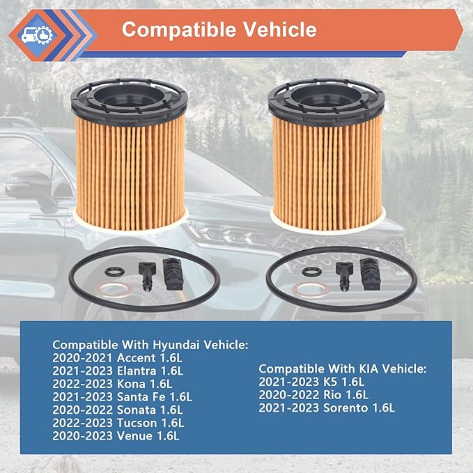 ZONFANT 2 Pcs Engine Oil Filter Compatible With Hyundai KIA Vehicle Accent Elantra Kona Santa Fe Tucson Venue 1.6L 2020-2023, Rio K5 Sorento 1.6L 2020-2023, Replace#26350-2M000