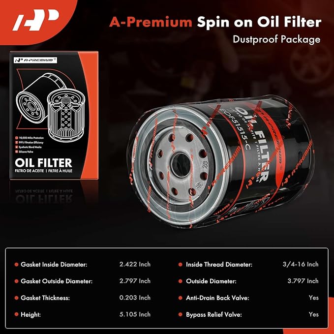 A-Premium 10K Miles Protection Spin On Oil Filter Compatible with Ford & Toyota & Nissan & Jeep & Dodge & Lexus & Mazda & Chrysler & Lincoln & Plymouth & Mercury & Alfa Romeo & American Motors