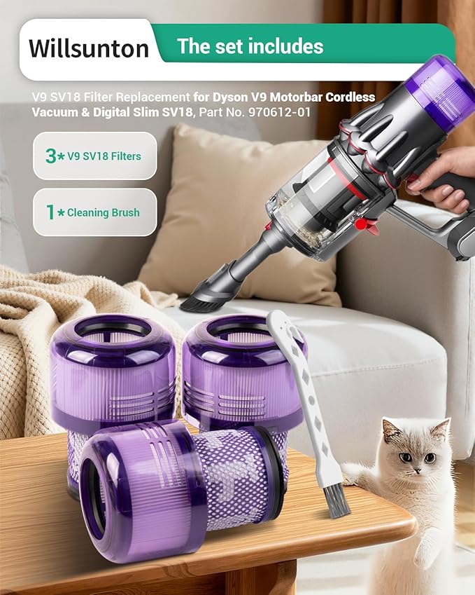 SV18 V9 Filter Replacement for Dyson Digital Slim Origin Fluffy Extra Cordless Vacuum V9 SV18 SV57, Part No. 970612-01 for Dyson Digital Slim Filter (3 Pack)