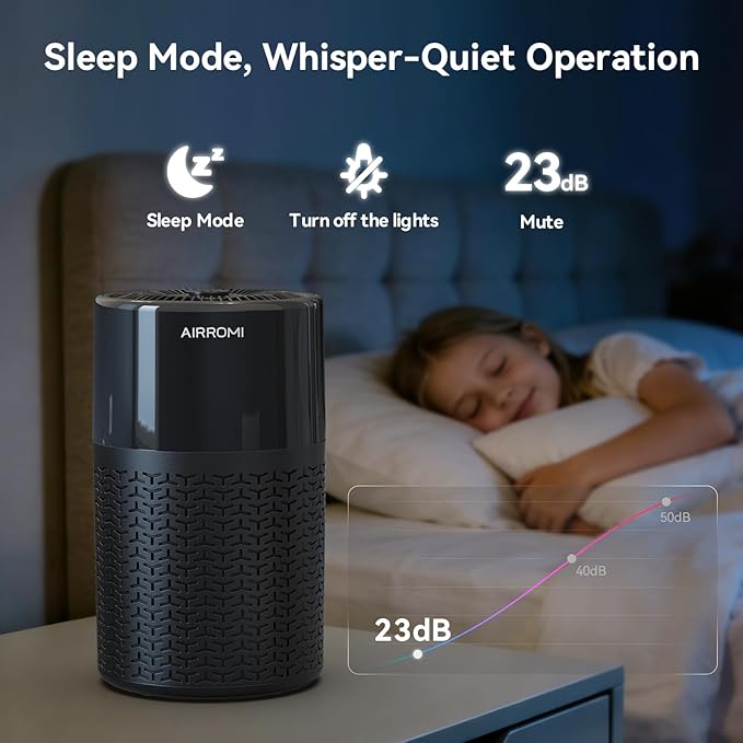AIRROMI Pets Air Purifier for Home Allergies,Up to 660 ft².HEPA Deodorizing Activated Carbon Filter,With Fragrance Sponge for Better Sleep,Night Light,Pet Dander,Smoke,Odors,Air Cleaner A2002 Black